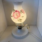 Vintage Milk Glass Lamp Hand Painted Flower Beaded Base