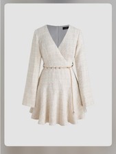 TWEED V-NECK SOLID FAUX PEARL MINI DRESS XL VP-8