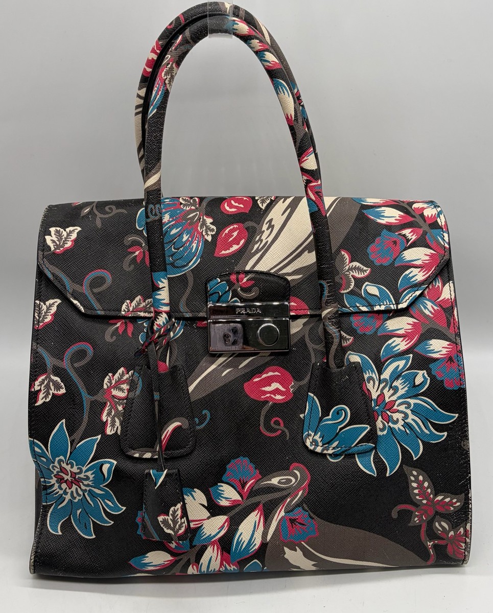 Prada Black/Multicolor Medium Saffiano Lux Floral Galleria S-Lock