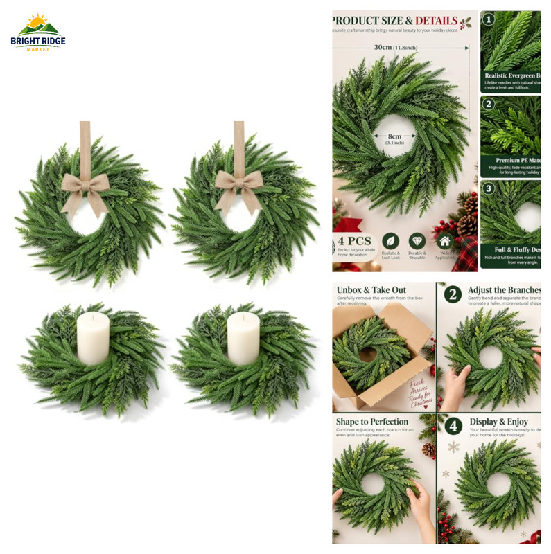 Christmas Candle Holder Rings - Set of 4 with Norfolk Pine