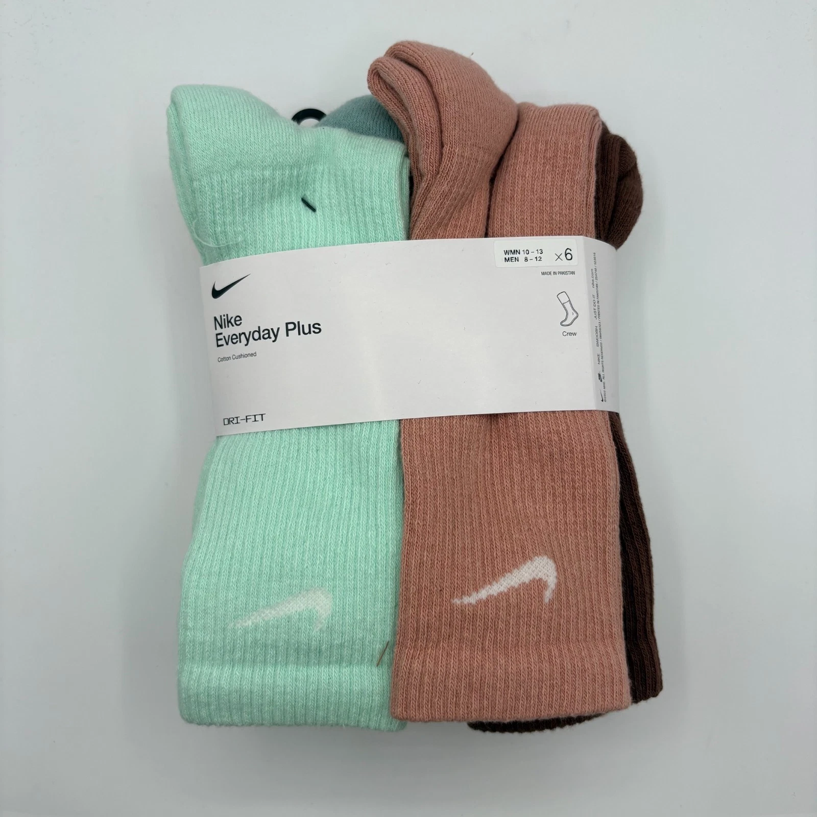 Nike Everyday Crew Socks Green/Brown/Beige 6 Pair Men Sz 8-12 SX6897-9