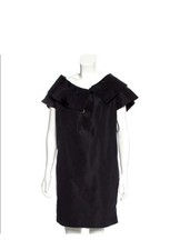 Gucci Black Satin Silk Off Shoulder Pleated Cap Sleeve Sheath Knee Dress 44