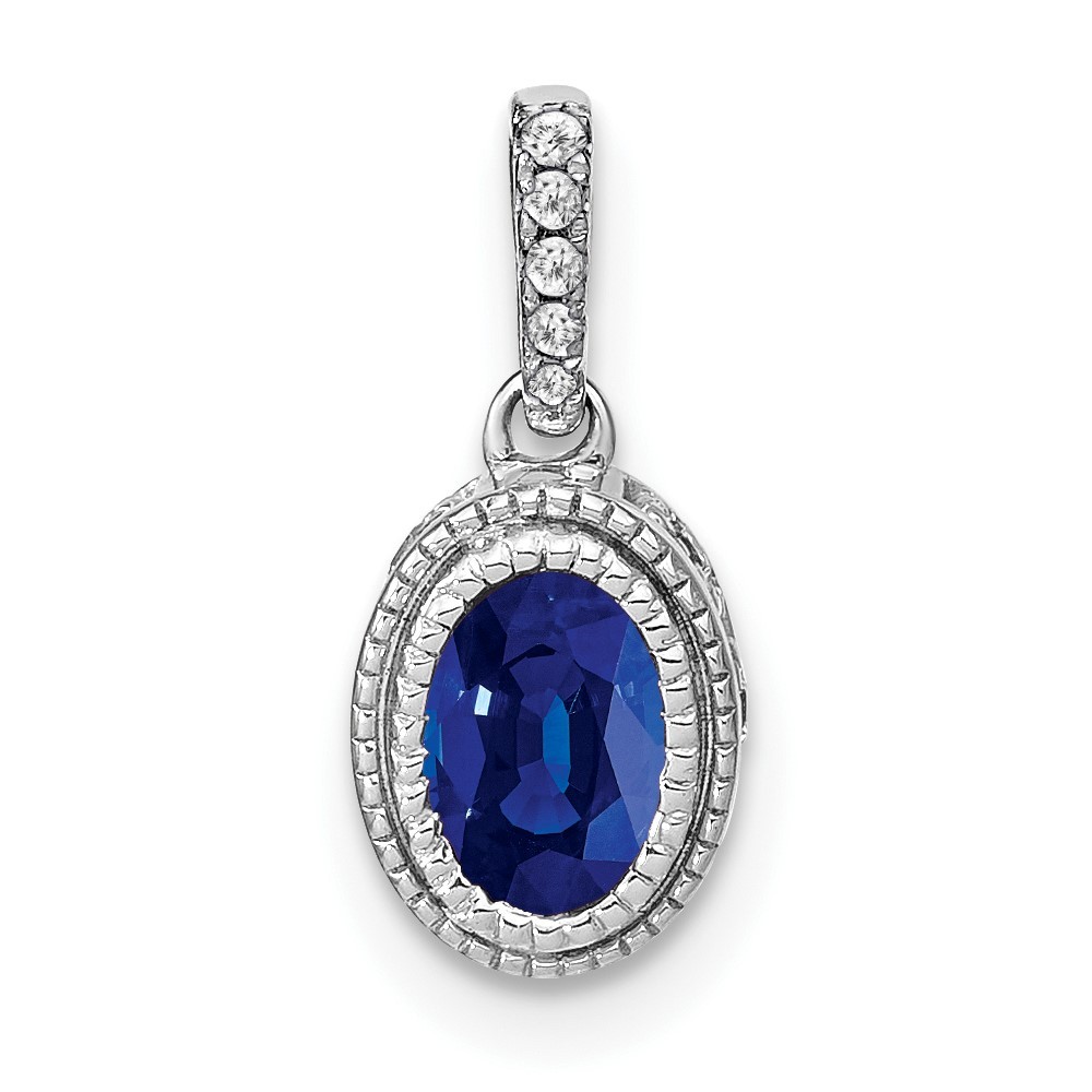 14k White Gold Oval Sapphire and Diamond Pendant with Side Diamond Detail