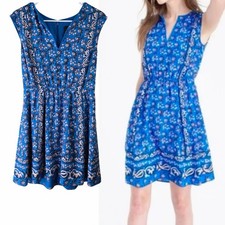 J. Crew 100% Silk A Line Dress 8 Blue Floral Sleeveless Knee Length Cottage Boho