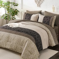 Boho Comforter Set,7 Piece Bed in a Bag Size Warm Striped Queen Light Brown