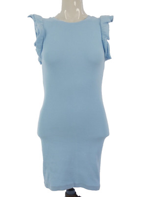 Zara Bodycon Kleid Babyblau Gerippt Stretch Baumwolle Rüschenärmel Gr. S Neu mit Etikett