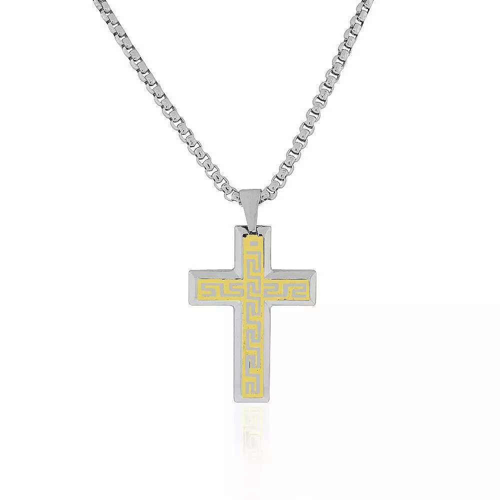 EDFORCE Stainless Steel Two Tone Greek Key Statement Cross Mens Necklace