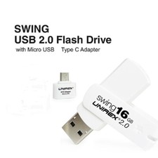UNIREX 16GB USB 2.0 Swivel/Swing Flash Drive With Micro USB-C Adapter