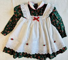 VTG 80'S GREEN RED FLORAL SMOCK APRON LACE PRAIRIE COTTAGECORE DRESS 24 MONTHS