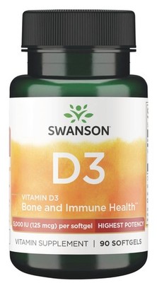 Vitamin D3 5000 UI  (125 mcg) 90 softgels Swanson Bone Immune Health Free Ship