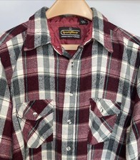 70s True Vintage Perma Prest Sears Red Gray Cream Plaid Flannel Button Up Mens L