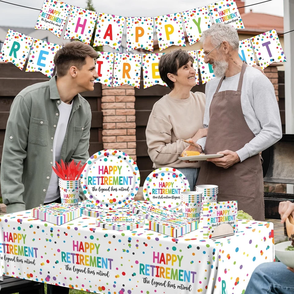 142 PIEZAS Decoraciones Fiesta Jubilación Platos Felices Retirados Servilletas Vajilla Foto 3 de 4