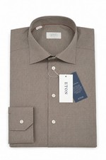 Men Eton Shirt Single Convertible Cuff Check Brown Size 39 15.5 Slim Fit