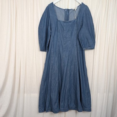 Marks & Spencer Denim Cotton Skater Midi Dress Panelled Blue Flare UK 20 Nwot