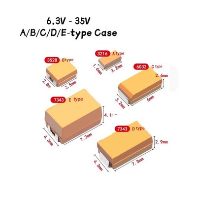 6,3V - 35V SMD Tantal Kondensatoren 1uF bis 470uF A/B/C/D/E-Typ ±10% ±20%
