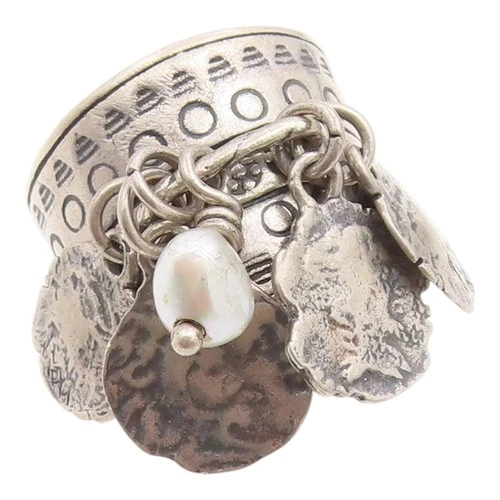 925 Sterling Silver Vintage Ring SILPADA Pearl Etched Coin Charms  Sz 8  RG36067