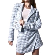  400 SET JASON WU Boucle Tweed cropped blazer skort Blue White Gold Button 8