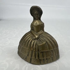 Brass Victorian Table/Dinner Bell Woman Hoop Skirt Bonnet Basket 3" England