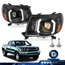 For 2005-2011 Toyota Tacoma Black Headlights Led Tube Projector Headlamps Pairs