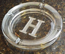 Vintage Clear Glass Cigar Ashtray H Monogram And Ridges Around Edge 8” Inch 