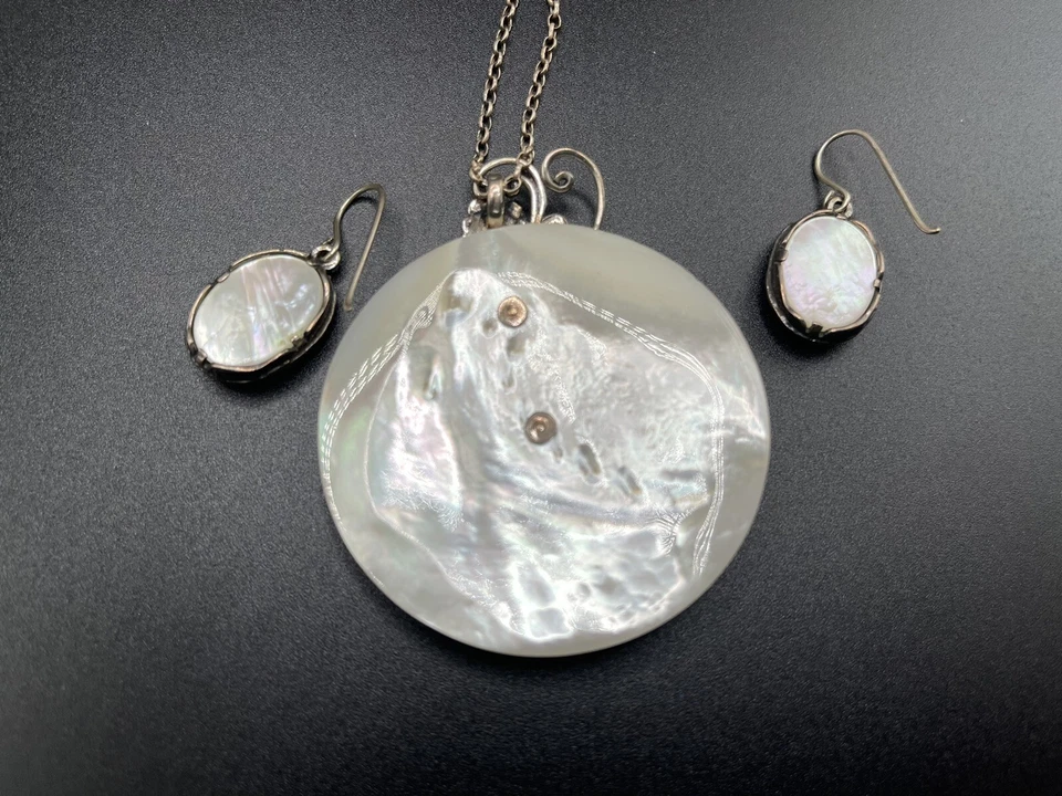 O Paz Isreal 925 Esterlina Madreperla Concha Colgante Collar Pendientes De Colección Foto 2 de 4