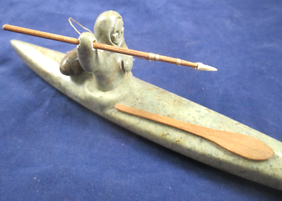 Carved Soapstone Eskimo in Canoe or Kayak-8