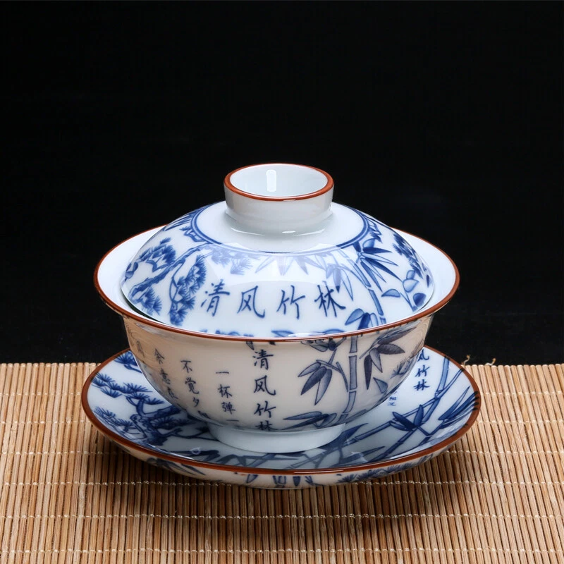 Tureen de porcelana china de 4" Jingdezhen Gaiwan de cerámica azul y blanco con cuenco Foto 2 de 4