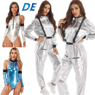 DE Damen Astronaut Cosplay Kostüm Weltraumfahrer Wetlook Overalls Karneval Body - Bild 1 von 4