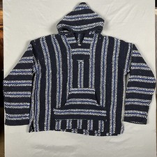 Baja Joe Mens Medium BOHO Mexican Hoodie Rug Hooded Sweatshirt Blue White Rasta