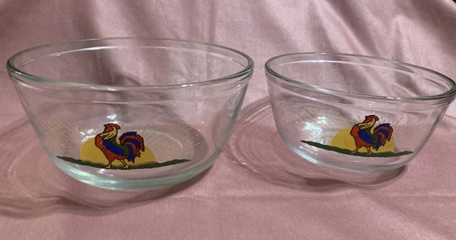Vtg Anchor Hocking Rooster Sunshine Nesting Bowls Set Of 2 - 1.5 & 2.5 Qt