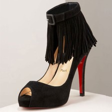 $1095 NEW Christian Louboutin Suede Fringe Black Pumps Tassel Platform  Shoes 38