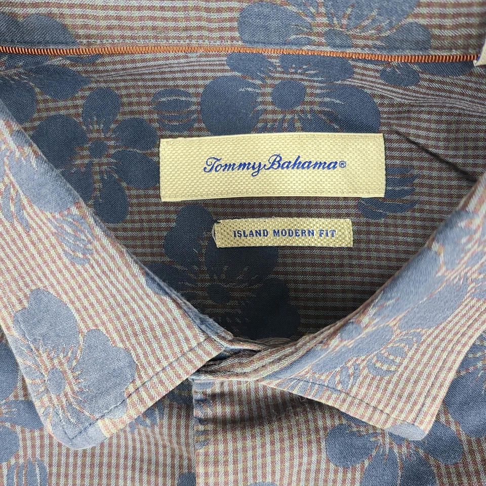 Camisa Tommy Bahama Para Hombres XL Azul Marrón Floral Isla Ajuste Moderno Vestido Abotonado Foto 4 de 4