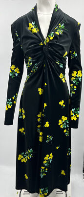 Richard Quinn yellow Floral Print black Velvet Long Sleeve Dress sz US 14 NEW