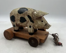 Vintage Country Pull Toy Pig Hog Folk Art Wooden Hearts Primitive Rustic