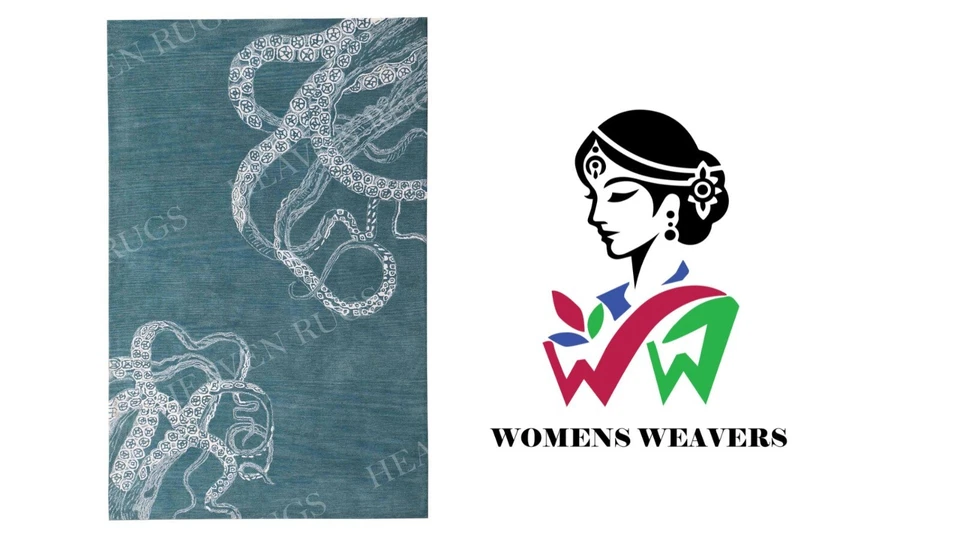 章鱼蓝色塔夫特手工羊毛东方地毯和地毯无关税和关税 — 第 2/4 张图片