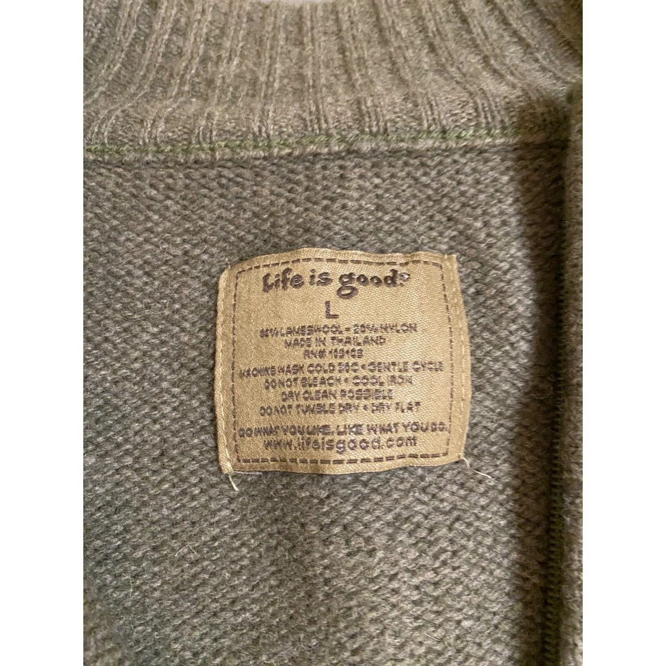 Life is Good Lambswool 1/4 Zip Sweater Men Large Olive Ribbed Knit Pullover - Image 3 of 4