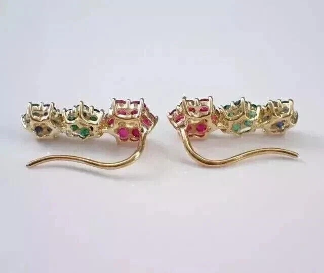 3Ct Lab Created Emerald Ruby Sapphire Women Earrings 14k Yellow Gold Plated - Image 2 of 3