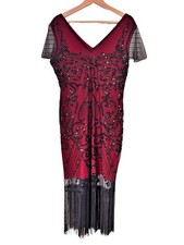 Burgundy Black XL Flapper Dress Beaded Sequin Fringe Gatsby 20s Art Deco Costume