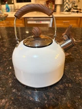 White W/Wood ROCKURWOK Tea Kettle Stovetop Whistling Teapot Stainless Steel