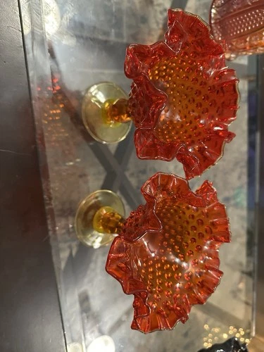 Fenton Cranberry Amberina Hobnail Compotes Set of 2 Ruffled Rim Pedestal