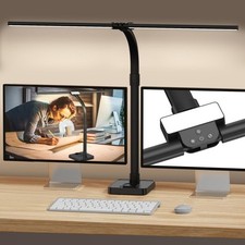 LED Desk Lamp for Home Office, 24W Bright with Phone Holder Black