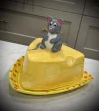 Vintage Ceramic Wedge Cheese w/ Handle On Slice Yellow Polkadot Plate, Numbered.