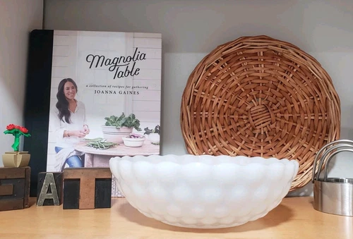 Vintage Anchor Hocking Milk Glass Bubble Serving Bowl With Scalloped Edge 8"