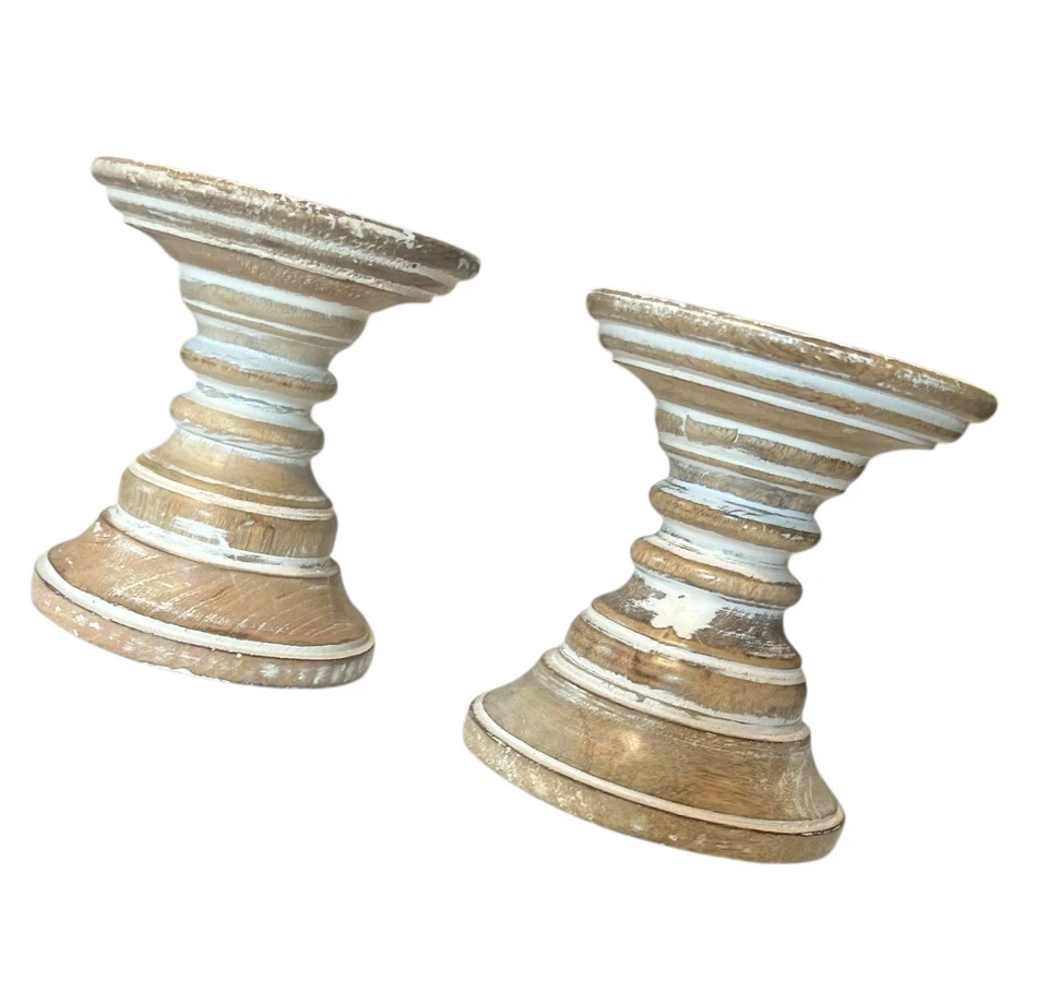 2 Distressed Wood Candle Holders Whitewashed Rustic-Vtg Cottagecore Farmhouse - Image 2 of 4