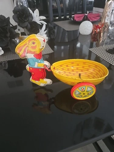 Vintage J. Chein Tin Bunny Pushing Egg Shaped Cart