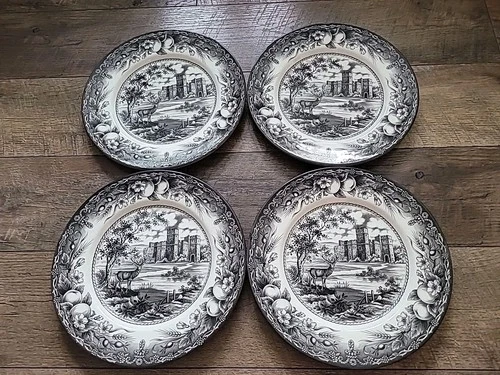 4 Royal Stafford Black Dinner Plates 11” Castle Deer Stag England NWT