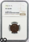1922-D Lincoln Cent Wheat Penny NGC VF 30 BN