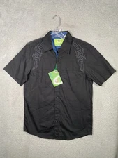 Platini Shirt Men Medium Black Tribal Embroidered Button Short Sleeve Cotton NEW