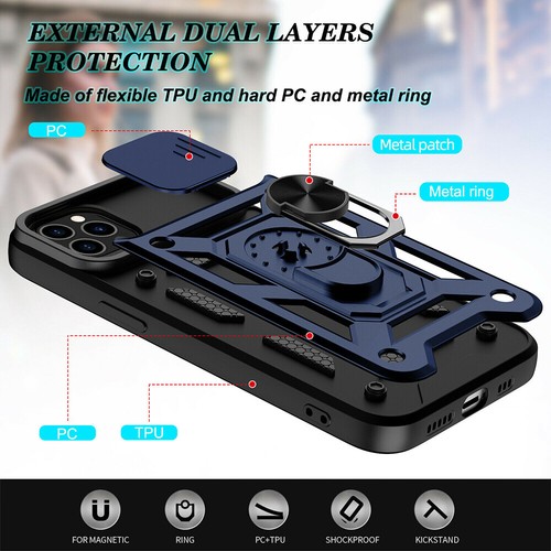 Rubber Shockproof Case Slide Camera Lens Cover Metal Ring Kickstand For iPhone - Picture 10 of 44