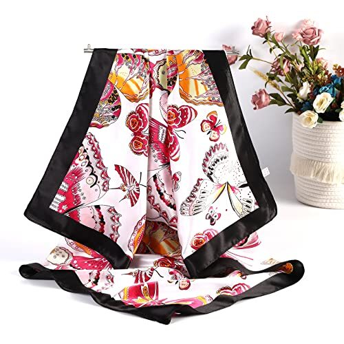 35" Satin Square Hair Scarf Bandanas 3Pcs Large Silk Head Blue + Rose + Black - Afbeelding 5 van 6